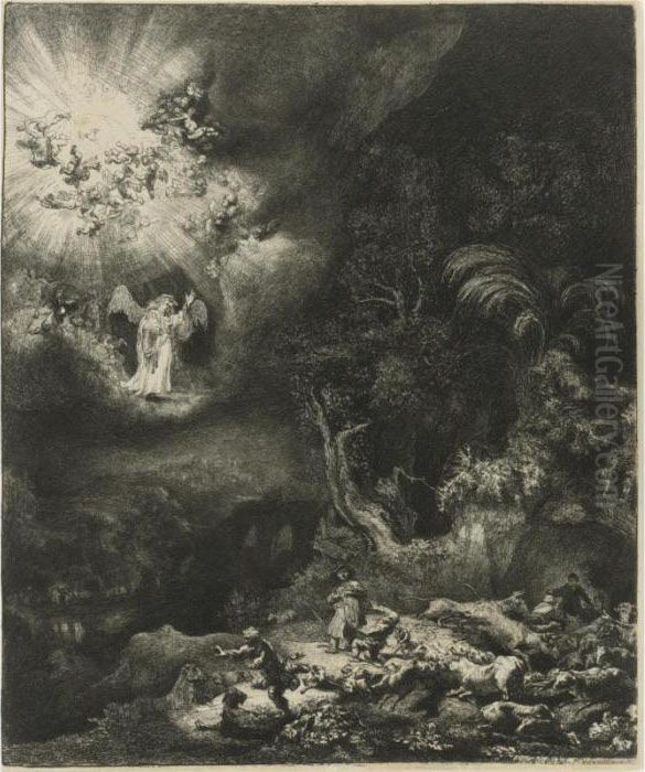 The Angel Appearing To The Shepherds (b., Holl. 44; H. 120; Bb. 34-j) Oil Painting by Harmenszoon van Rijn Rembrandt