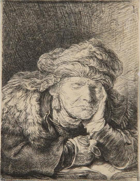Old Woman Sleeping (b., Holl. 350; H. 129; Bb. 37-i) Oil Painting by Harmenszoon van Rijn Rembrandt