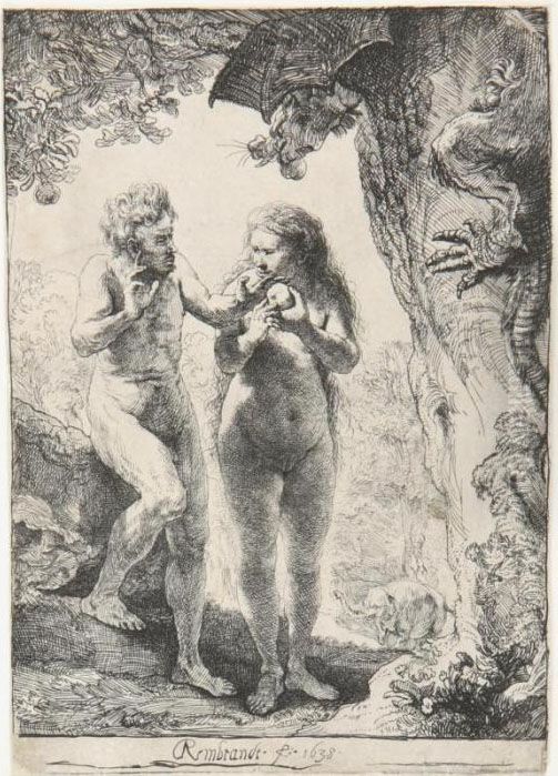 Adam And Eve (bartsch, Hollstein 28; Hind 159; Biorklund 38-d) Oil Painting by Harmenszoon van Rijn Rembrandt