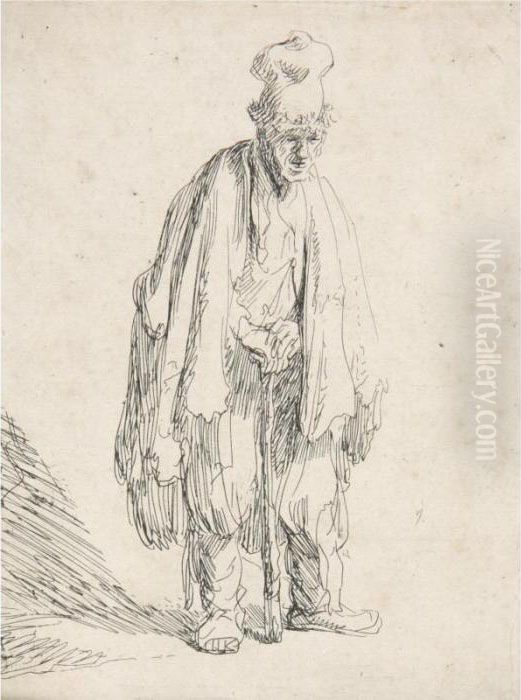Beggar In A High Cap, Standing And Leaning On A Stick (b., Holl. 162; H. 15; Bb. 31-1) Oil Painting by Harmenszoon van Rijn Rembrandt