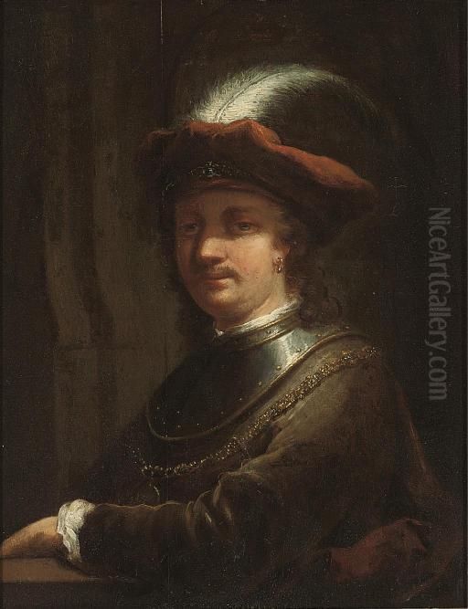 Portrait Of The Artist, 
Half-length, In A Brown Velvet Coat With Breast-plate And A Red Plumed 
Hat Oil Painting by Harmenszoon van Rijn Rembrandt