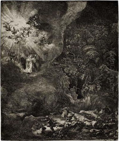 The Angels Appearing To The Shepherds Oil Painting by Harmenszoon van Rijn Rembrandt
