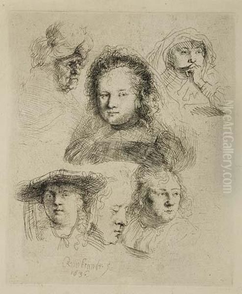 Sheet Of Studies: Head Of Saskia And Others Oil Painting by Harmenszoon van Rijn Rembrandt