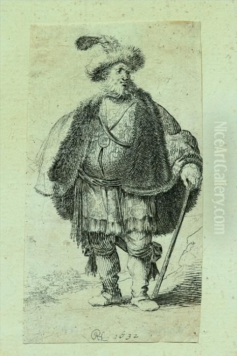 Uomo Con Copricapo Di Pelliccia E Bastone Oil Painting by Harmenszoon van Rijn Rembrandt