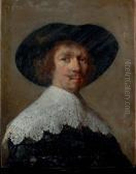 Portrait Of A Gentleman, Bust-length, In A Black Coat With Lace Collar And Black Hat Oil Painting by Harmenszoon van Rijn Rembrandt