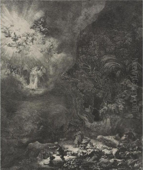 The Angel Appearing To The Shepherds (b., Holl. 44; H. 120; Bb.34-j) Oil Painting by Harmenszoon van Rijn Rembrandt