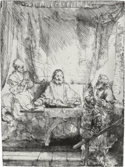 Christ At Emmaus (b., Holl. 87; H. 282; Bb. 54-h) Oil Painting by Harmenszoon van Rijn Rembrandt