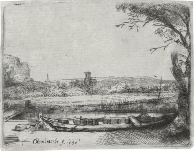 Canal With A Large Boat And Bridge (b., Holl. 236; H. 239; Bb. 50-b) Oil Painting by Harmenszoon van Rijn Rembrandt