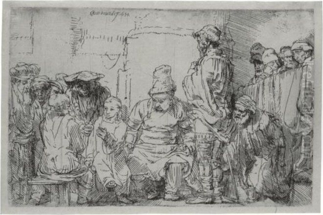 Christ Seated Disputing With The Doctors (b., Holl. 64; H. 277; Bb. 54-e) Oil Painting by Harmenszoon van Rijn Rembrandt