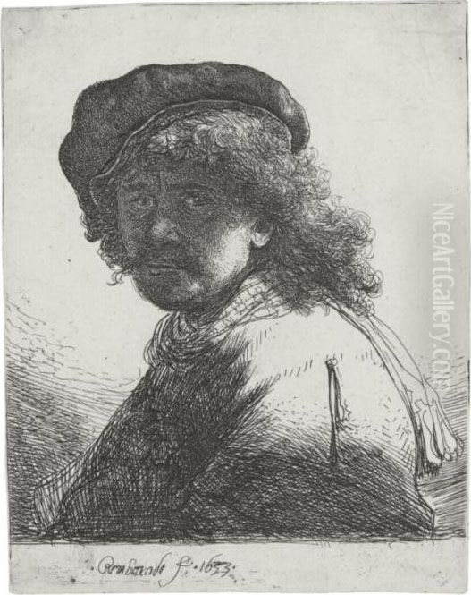 Self Portrait In A Cap And Scarf
 With The Face Dark: Bust (b., Holl. 17; H. 108; Bb. 33-g) Oil Painting by Harmenszoon van Rijn Rembrandt