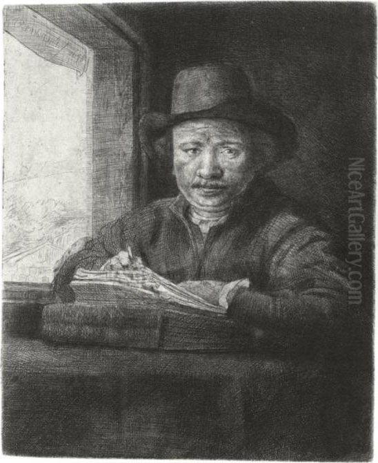 Self Portrait Drawing At A Window (b., Holl. 22; H. 229; Bb. 48-a) Oil Painting by Harmenszoon van Rijn Rembrandt
