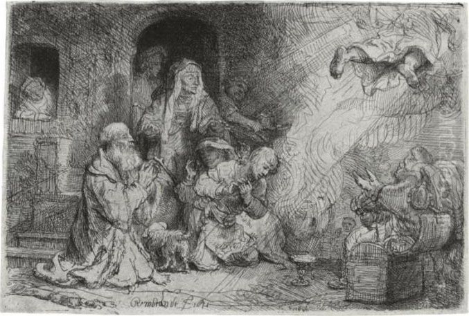 The Angel Departing From The Family Of Tobias (b., Holl. 43; H. 185; Bb. 41-g) Oil Painting by Harmenszoon van Rijn Rembrandt