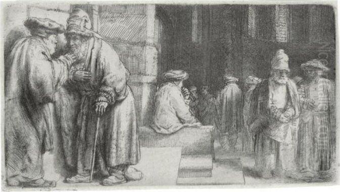 Jews In The Synagogue (b., Holl. 126; H. 234; Bb. 48-d) Oil Painting by Harmenszoon van Rijn Rembrandt