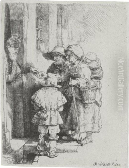 Beggars Receiving Alms At The 
Door Of A House (bartsch., Hollstein 176; Hind 233; Bjorklund &amp; 
Barnard 48-c) Oil Painting by Harmenszoon van Rijn Rembrandt