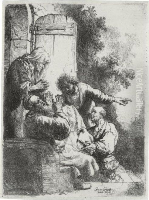 Joseph Coat Brought To Jacob (b., Holl. 38; H. 104; Bb. 31-i) Oil Painting by Harmenszoon van Rijn Rembrandt