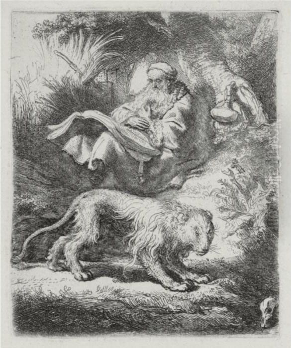 St. Jerome Reading (b., Holl. 100; H. 119; Bb. 34-h) Oil Painting by Harmenszoon van Rijn Rembrandt