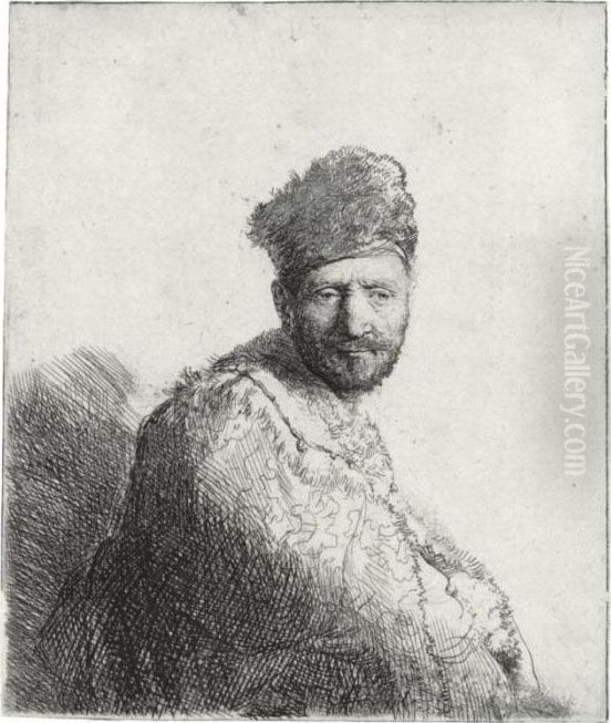 Bearded Man In A Furred Oriental
 Cap And Robe: The Artist's Father (b., Holl. 263; H. 53; Bb. 31-i) Oil Painting by Harmenszoon van Rijn Rembrandt