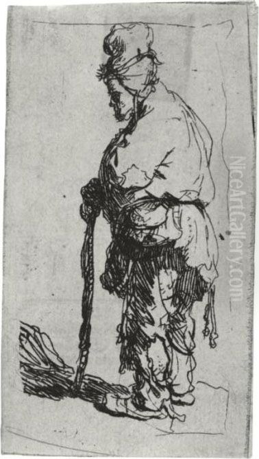 Beggar Leaning On A Stick, Facing Left (b., Holl. 163; H. 9; Bb. 30-2) Oil Painting by Harmenszoon van Rijn Rembrandt