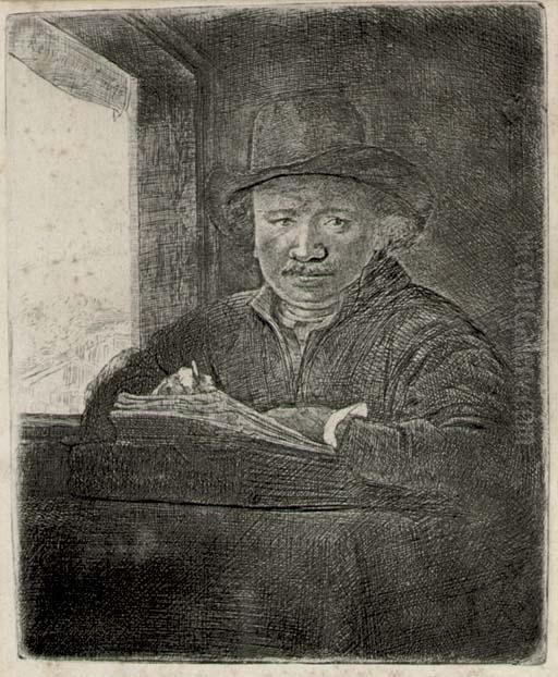 Self Portrait Drawing At A Window Oil Painting by Harmenszoon van Rijn Rembrandt