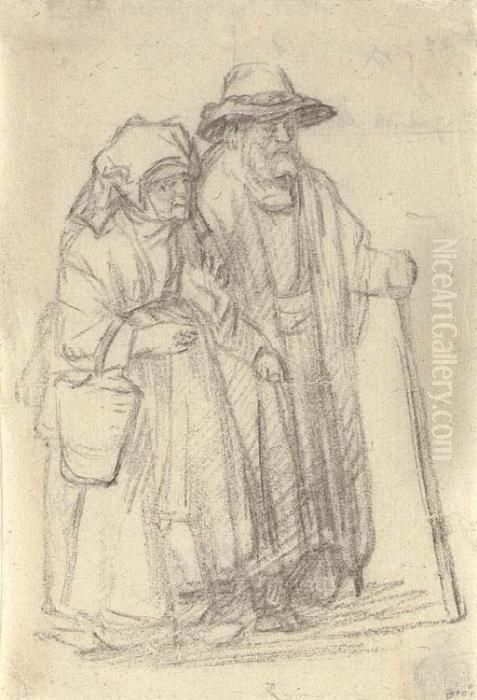 A Strolling Couple: An Old Man And A Woman Carrying A Basket Oil Painting by Harmenszoon van Rijn Rembrandt
