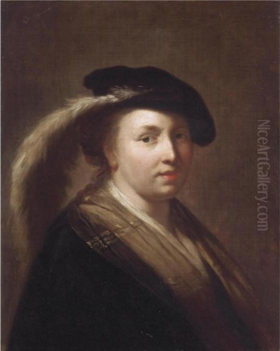 Portait Of A Young Lady, Head And Shoulders, Wearing A Feathered Cap Oil Painting by Harmenszoon van Rijn Rembrandt