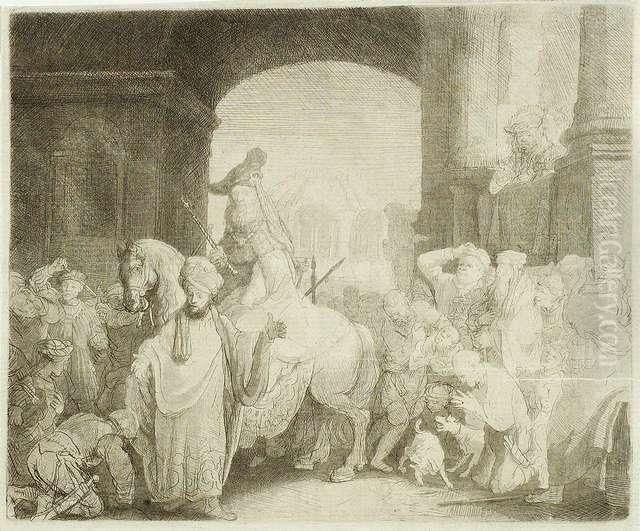 The Triumph Of Mordecai. Etching, Ca. 1641 Oil Painting by Harmenszoon van Rijn Rembrandt