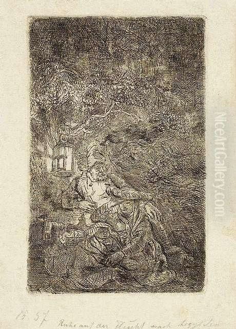 The Rest On The Flight: A Night Piece. Etching, Ca. 1644. State Iv Oil Painting by Harmenszoon van Rijn Rembrandt