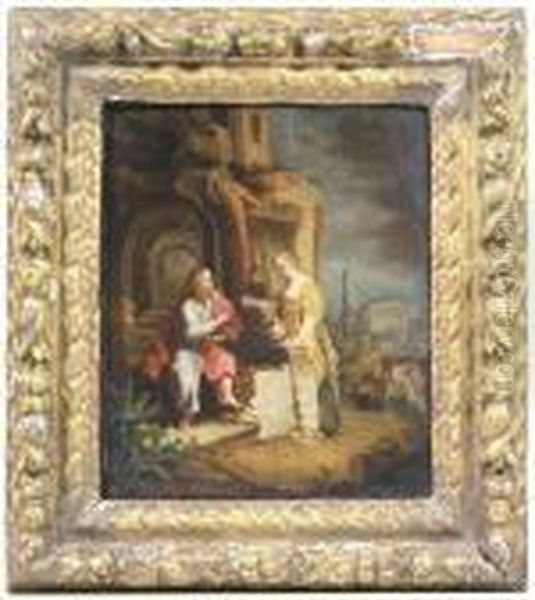 Christ And The Woman Of Samaria. Oil/panel Oil Painting by Harmenszoon van Rijn Rembrandt