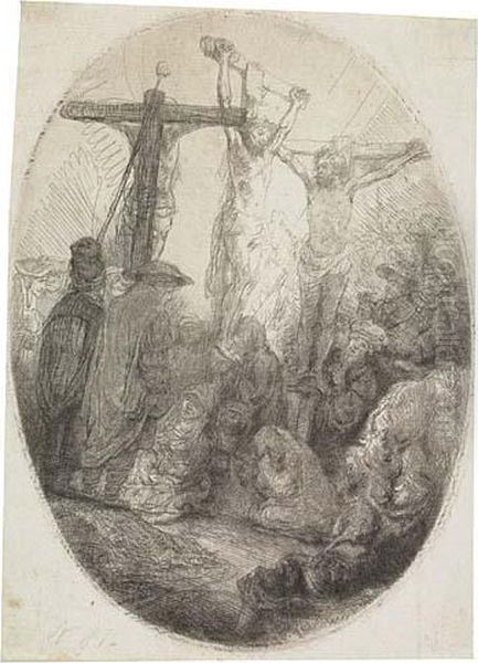 Christ Crucified Between The Two Thieves: An Ovalplate Oil Painting by Harmenszoon van Rijn Rembrandt