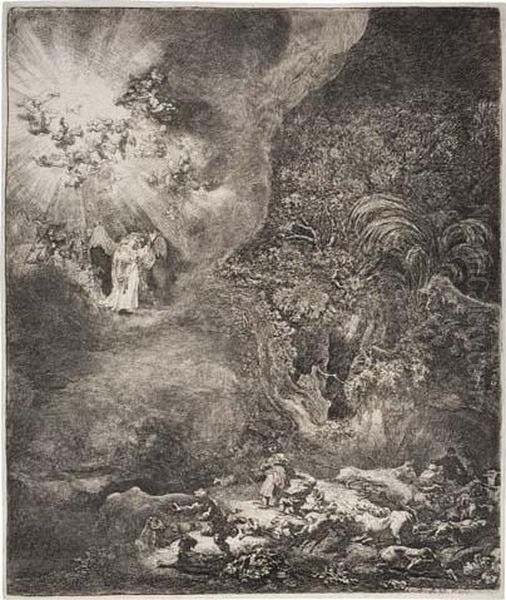 The Angel Appearing To The Shepherds Oil Painting by Harmenszoon van Rijn Rembrandt