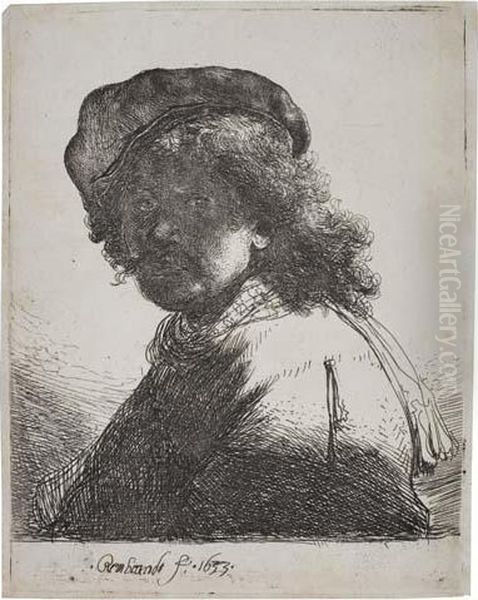 Self Portrait In A Cap And Scarf With The Face Dark:bust Oil Painting by Harmenszoon van Rijn Rembrandt
