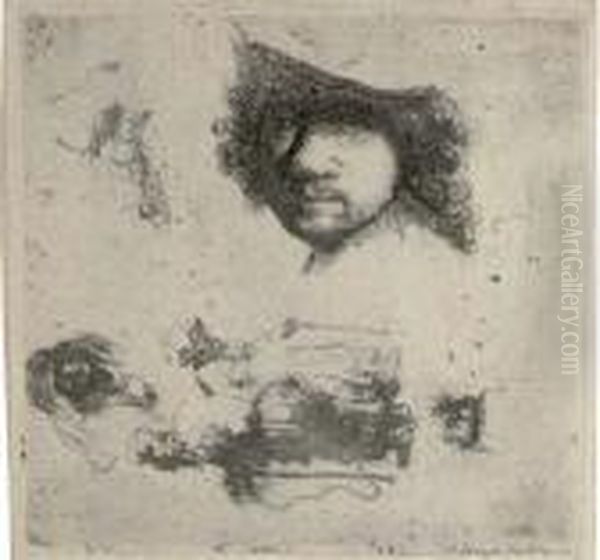 Sheet Of Studies: Head Of The 
Artist, A Beggar Couple, Heads Of An Old Man And An Old Woman, Etc. (b.,
 Holl. 363; H. 90) Oil Painting by Harmenszoon van Rijn Rembrandt