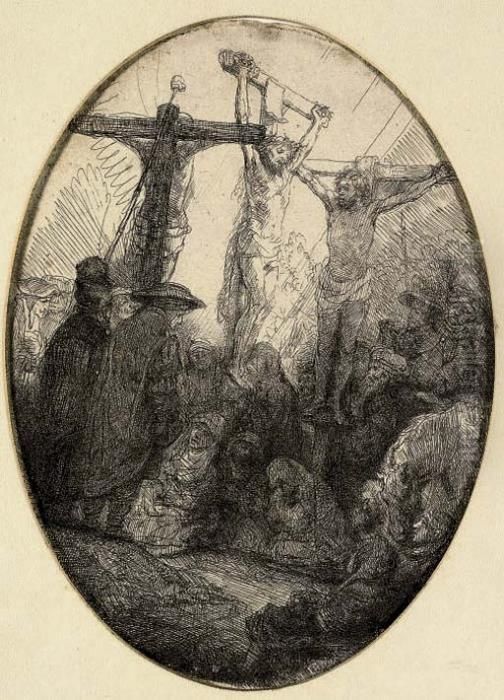 Christ Crucified Between Two Thieves: Oval Plate (b., Holl. 79; H. 173) Oil Painting by Harmenszoon van Rijn Rembrandt