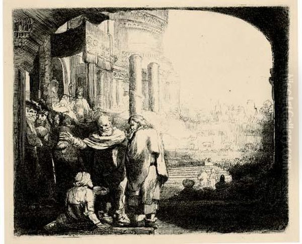 Saint Peter And Saint John 
Healing The Cripple At The Gate Of The Temple (b., Holl. 94; H. 301) Oil Painting by Harmenszoon van Rijn Rembrandt