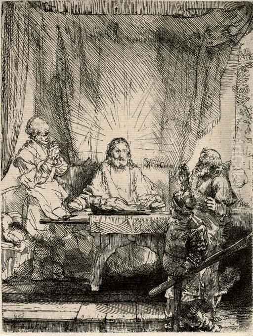 Christ At Emmaus: Large Plate (b. Holl. 87; H. 282) Oil Painting by Harmenszoon van Rijn Rembrandt