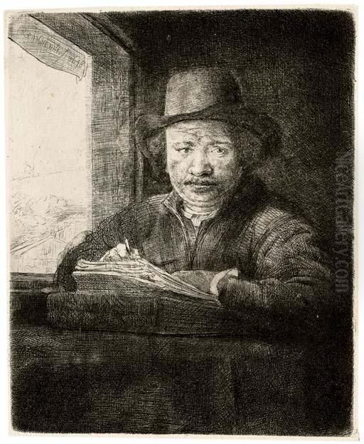 Self-portrait Drawing At A Window (b., Holl. 22; H. 229) Oil Painting by Harmenszoon van Rijn Rembrandt
