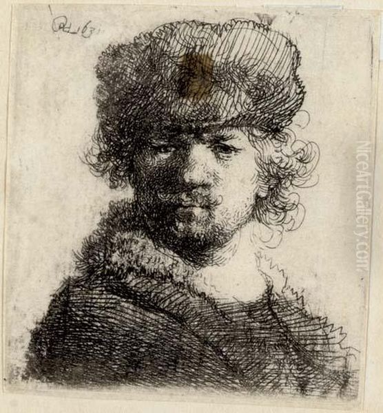 Self-portrait In A Heavy Fur Cap: Bust (bartsch, Hollstein 16; Hind 56) Oil Painting by Harmenszoon van Rijn Rembrandt