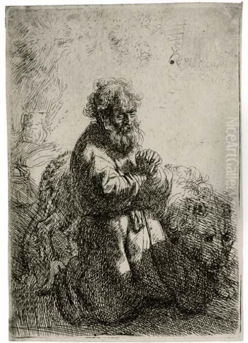 St. Jerome Kneeling In Prayer, Looking Down Oil Painting by Harmenszoon van Rijn Rembrandt