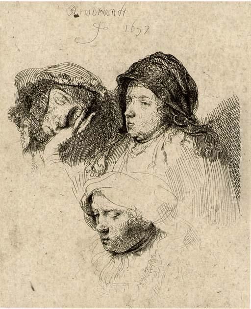 Three Heads Of Women: One Asleep Oil Painting by Harmenszoon van Rijn Rembrandt
