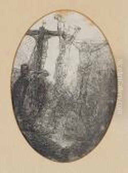 Christ Crucified Between The Two Thieves: An Oval Plate (bartsch 79) Oil Painting by Harmenszoon van Rijn Rembrandt