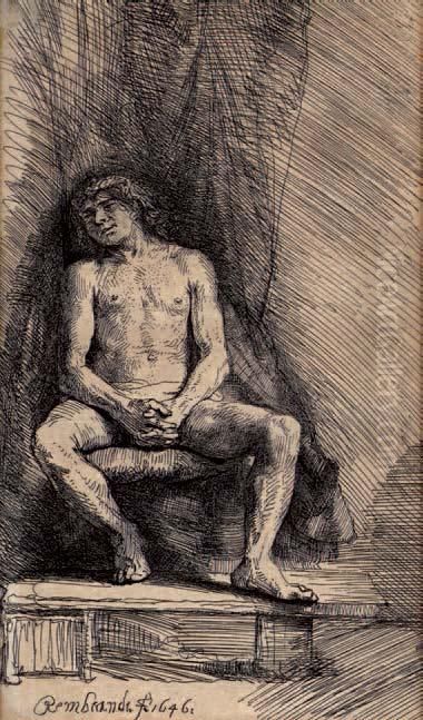 Homme Nu Assis Devant Un Rideau Oil Painting by Harmenszoon van Rijn Rembrandt