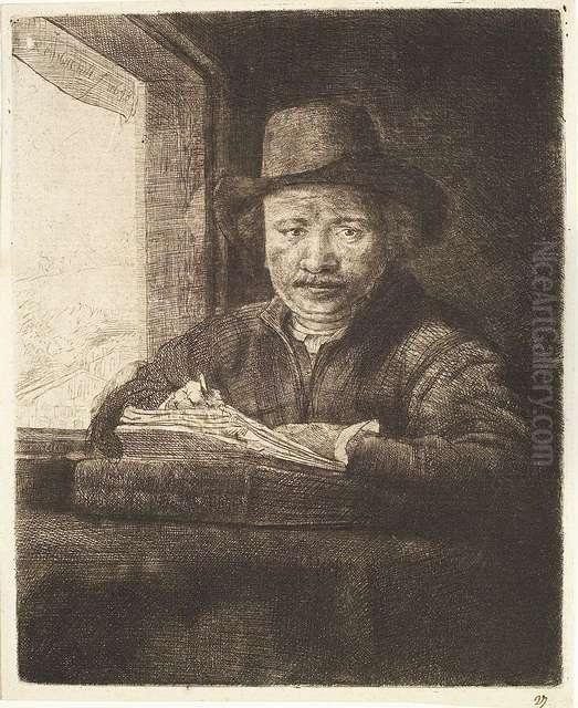 Self Portrait Drawing At A Window. Oil Painting by Harmenszoon van Rijn Rembrandt