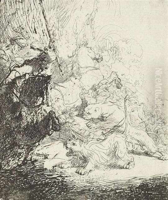 The Small Lion Hunt, With Two Lions. Etching Oil Painting by Harmenszoon van Rijn Rembrandt