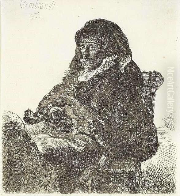 Rembrandt's Mother In Widow's Dress, Black Gloves. Etching Oil Painting by Harmenszoon van Rijn Rembrandt