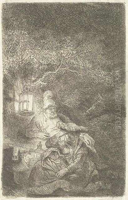 The Rest On The Flight: A Night Piece. Etching Oil Painting by Harmenszoon van Rijn Rembrandt