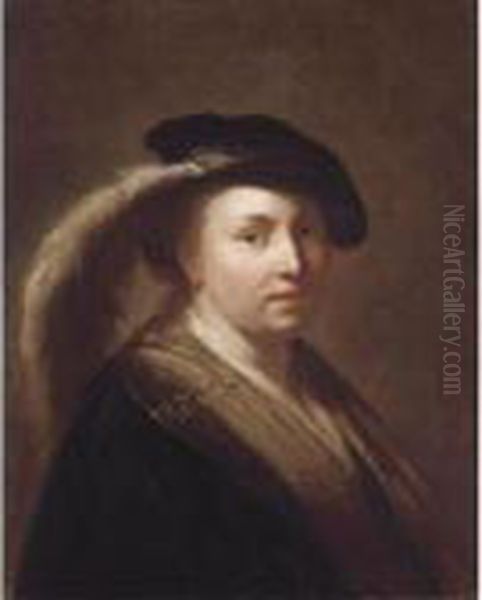 Portrait Of A Young Girl, Head And Shoulders, Wearing A Feathered Cap Oil Painting by Harmenszoon van Rijn Rembrandt