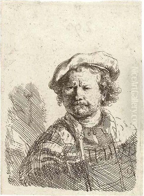 Self-portrait In A Flat Cap And Embroidered Dress Oil Painting by Harmenszoon van Rijn Rembrandt