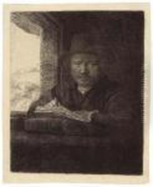 Self-portrait Drawing At A Window Oil Painting by Harmenszoon van Rijn Rembrandt