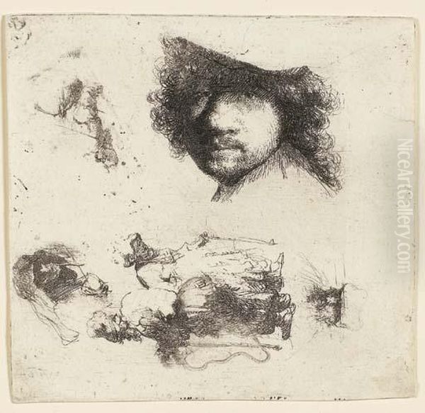 Sheet Of Studies: Head Of The 
Artist, A Beggar Couple, Heads Of An Old Man And An Old Woman Oil Painting by Harmenszoon van Rijn Rembrandt