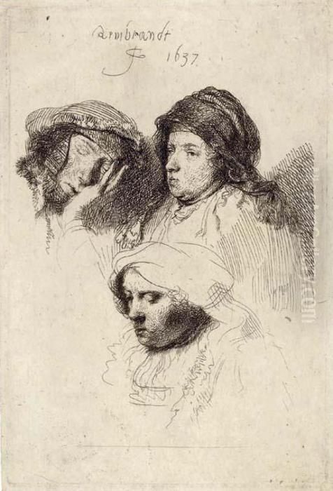 Three Heads Of Women: One Asleep Oil Painting by Harmenszoon van Rijn Rembrandt